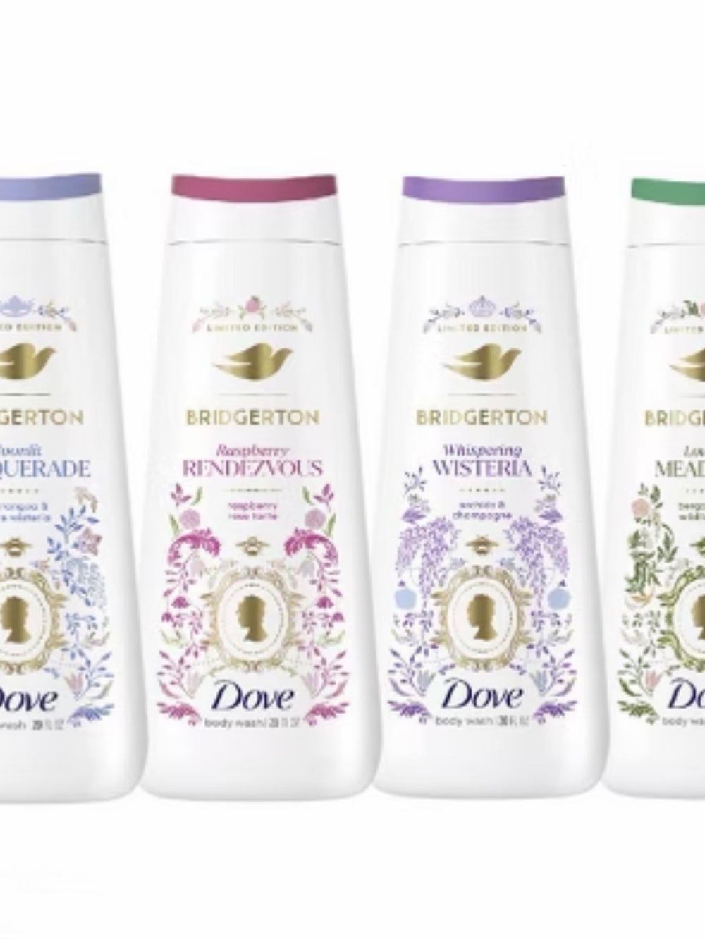Dove x Bridgerton Rendezvous, Masquerade, Wisteria, Meadows Body Wash-Limited Ed